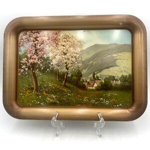 Vintage Metal Serving Tray Scenic Landscape Design Green Background & Rustic Fin